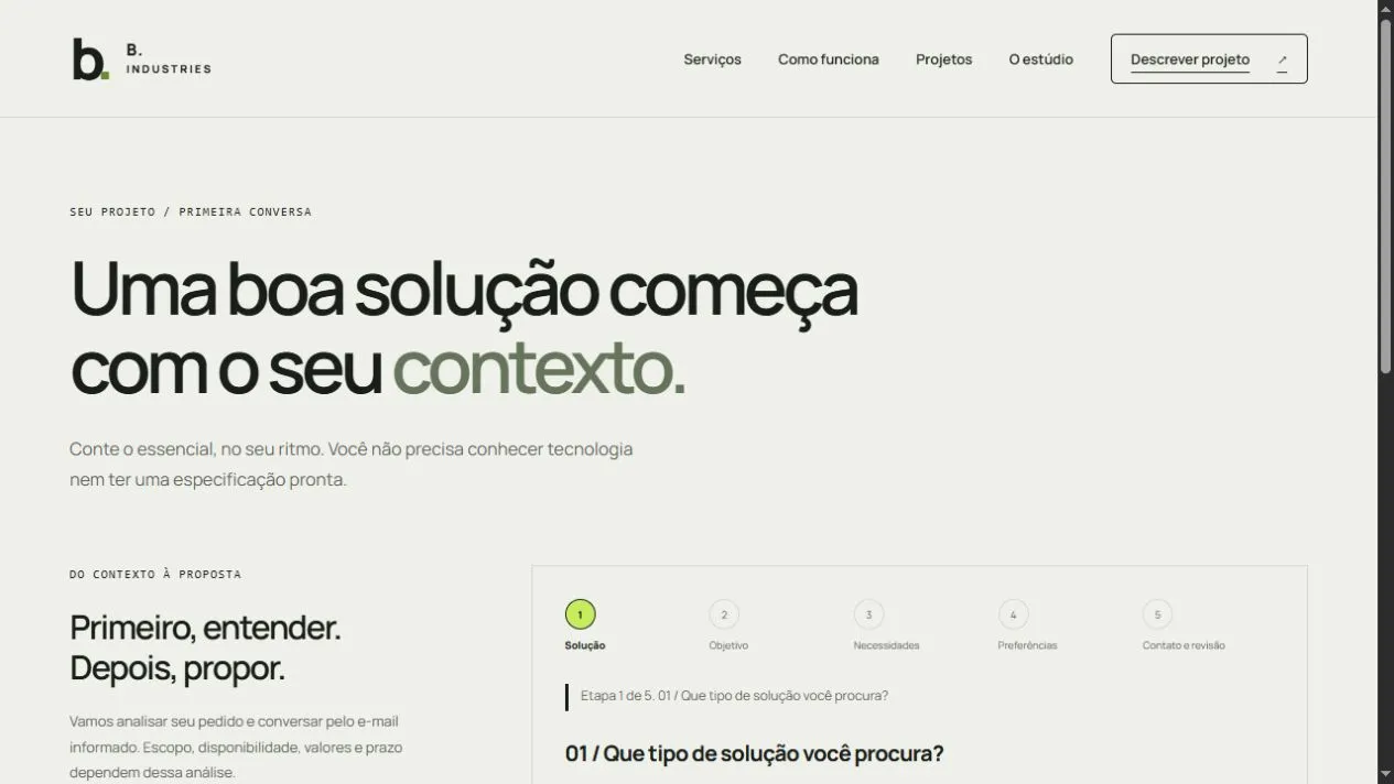Primeira etapa do briefing guiado com tipos de solução e opção ainda não sei