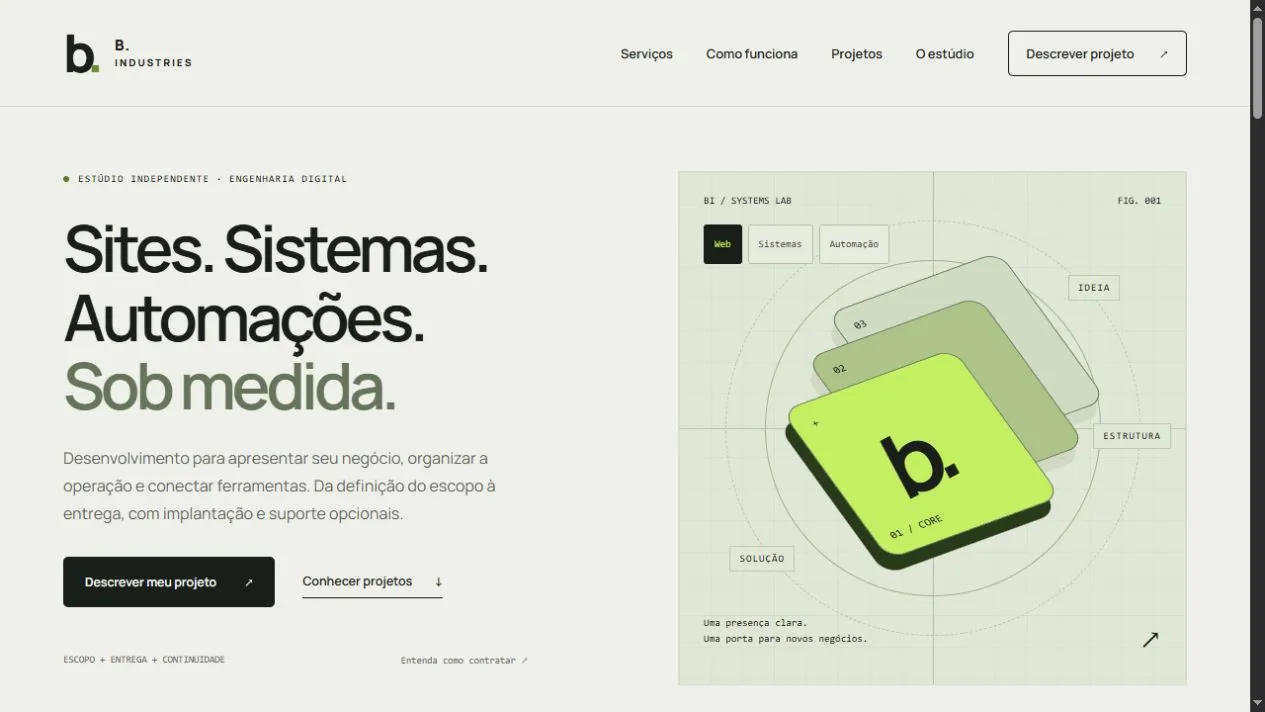 Home da B. Industries com serviços, proposta de valor e acesso à solicitação de projeto